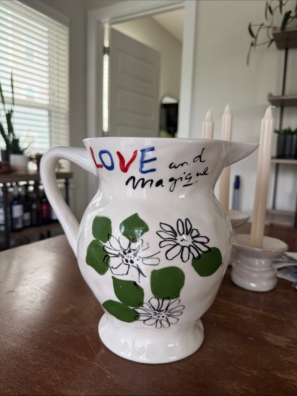 Anthropologie White Ceramic 'Love and Magique' Floral Pitcher with Green Accents